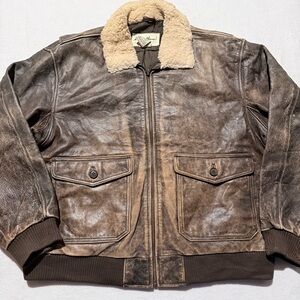 Vintage Eddie Bauer Distressed Leather Flight Bomber Jacket Sherpa Collar Medium